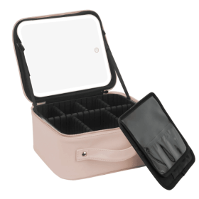 Elegent PU Cosmetic Makeup Bag With Hard Sided and Easy Carry Handle, Separate Piece of Brush Holder and Pocket, With LED Mirror for Makeup