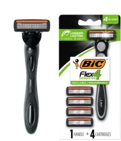 BIC Flex 4 Refillable Razors, 4 Blade Razors for Sensitive Skin, 1 Handle and 4 Razor Cartridges, 5 Piece Shaving Kit