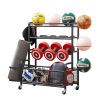 4-Tier Metal Storage Organizer with Rolling Wheels for Basketball Sports Equipment Organizer for Yoga Mat Larger Ball Storage Rack with Baskets and Ho