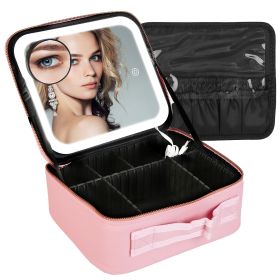 Travel Makeup Bag with LED Mirror Makeup Case Organizer with 3 Light Colors Adjustable Dividers Brush Holder Magnifying Mirror Dimmable USB Rechargeab (Option: pink)
