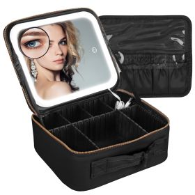 Travel Makeup Bag with LED Mirror Makeup Case Organizer with 3 Light Colors Adjustable Dividers Brush Holder Magnifying Mirror Dimmable USB Rechargeab (Option: Black)